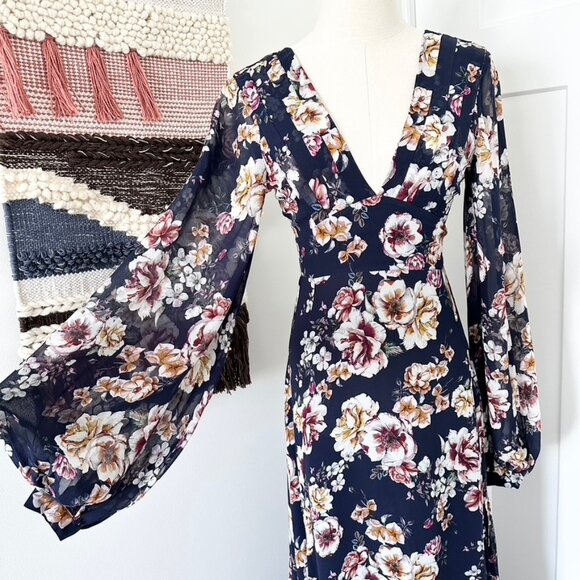 NICHOLAS Garden Rose Long Sleeve Floral Silk Maxi Dress Navy Blue Size 2 NWT - Picture 6 of 12